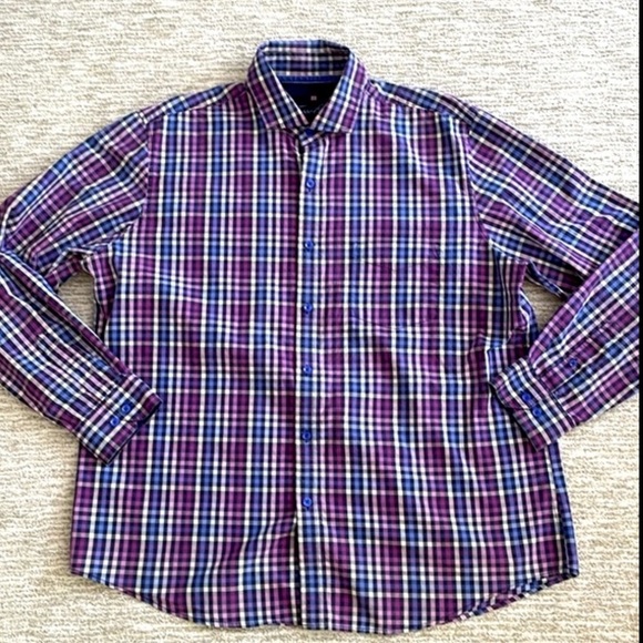 Mens Dress Shirt Bundle Size 17 Long Sleeve Plaid & Gingham Check Blue & Purple - Picture 14 of 14